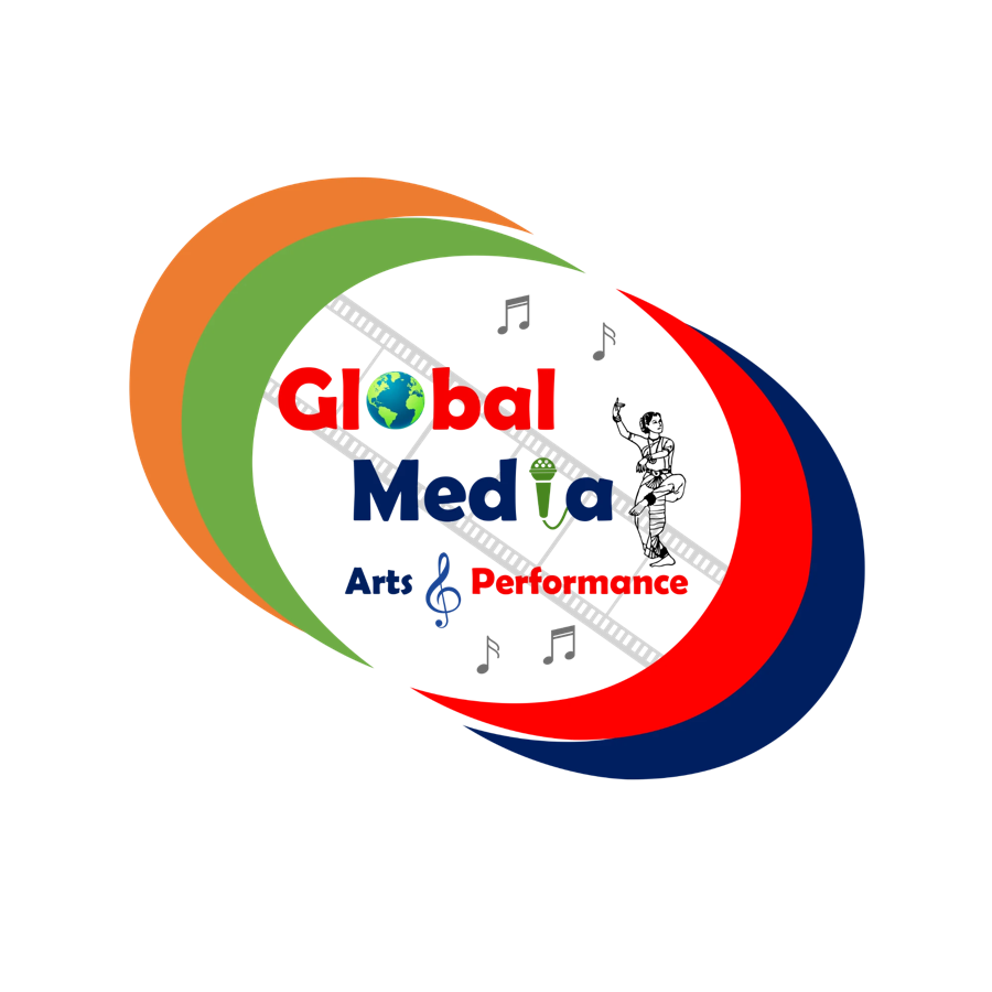 Global Media Arts and Performance emblem: a globe, microphone, treble clef and classical dancer inside sweeping saffron, green, red and navy ribbons